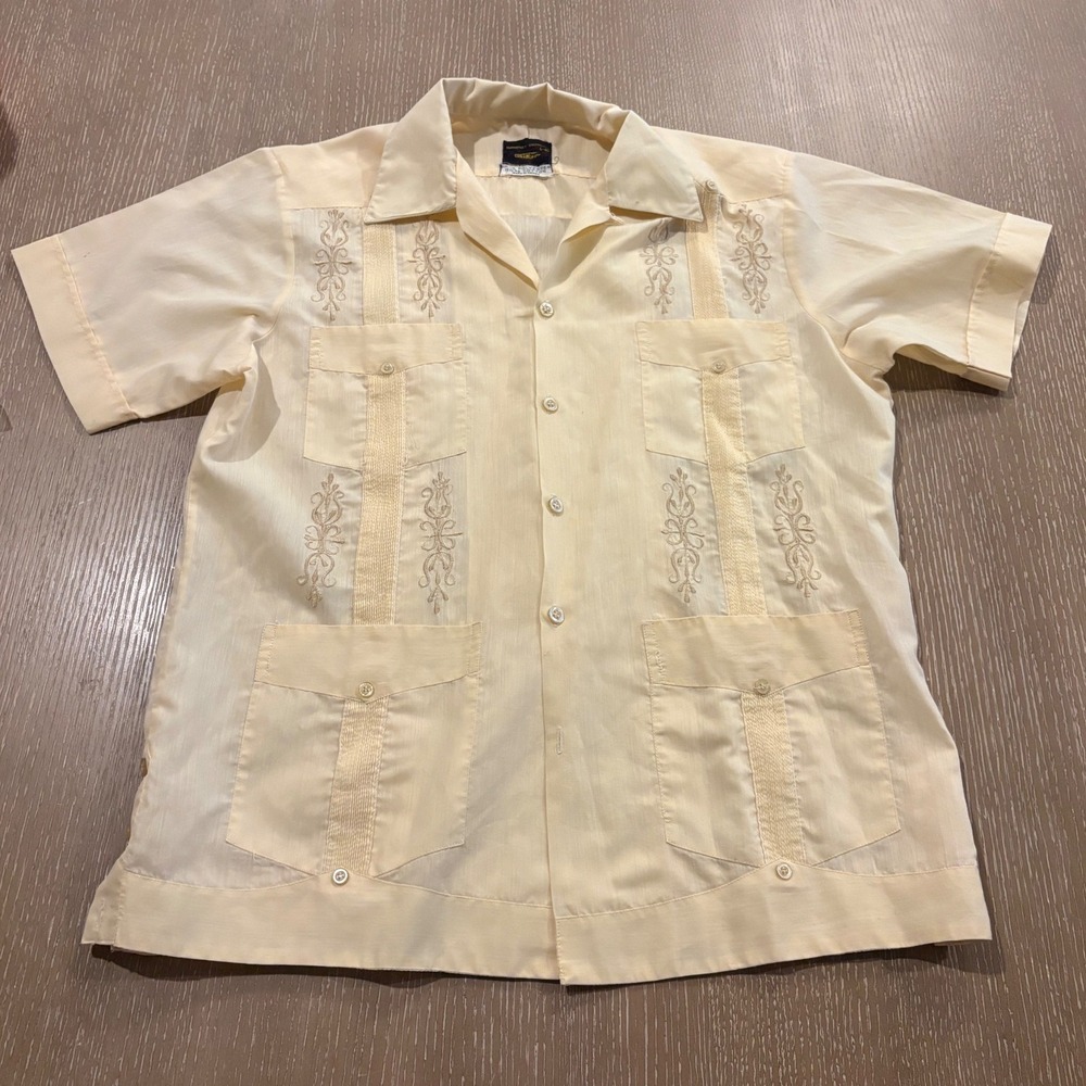 Vintage Continental Guayabera Shirt Mens L 40 Butter Yellow Embroidered Mexico